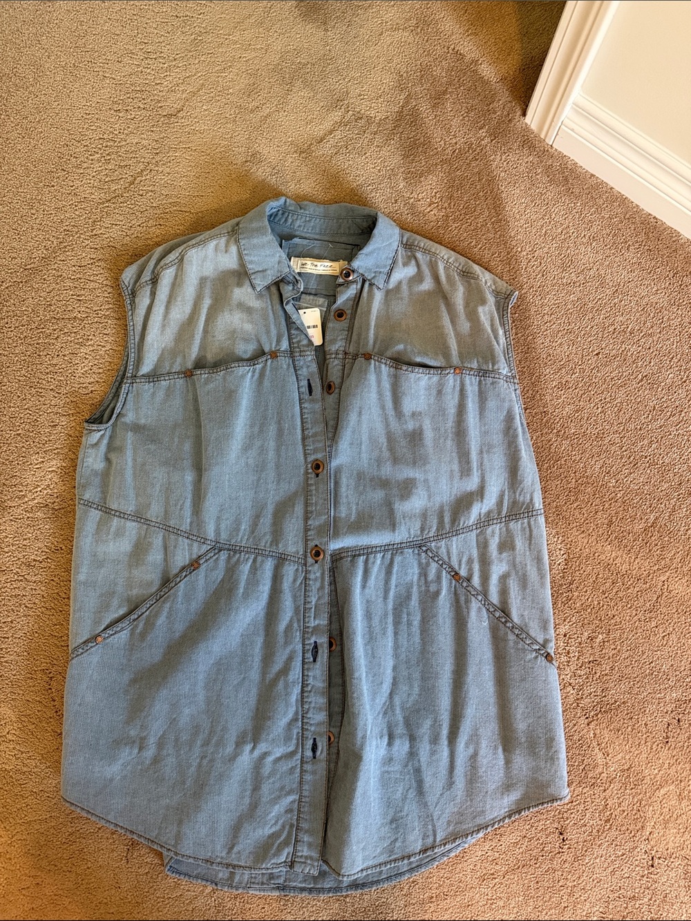 We The Free Sleeveless Denim Button-Front Shirt Dress in Light Blue